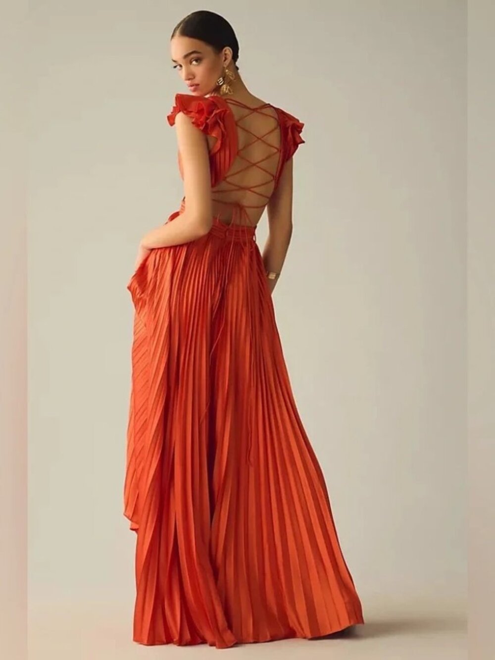 Mac Duggal Orange Pleated Corset Lace Up Back Ruffle Gown Size 4 - Picture 2 of 13